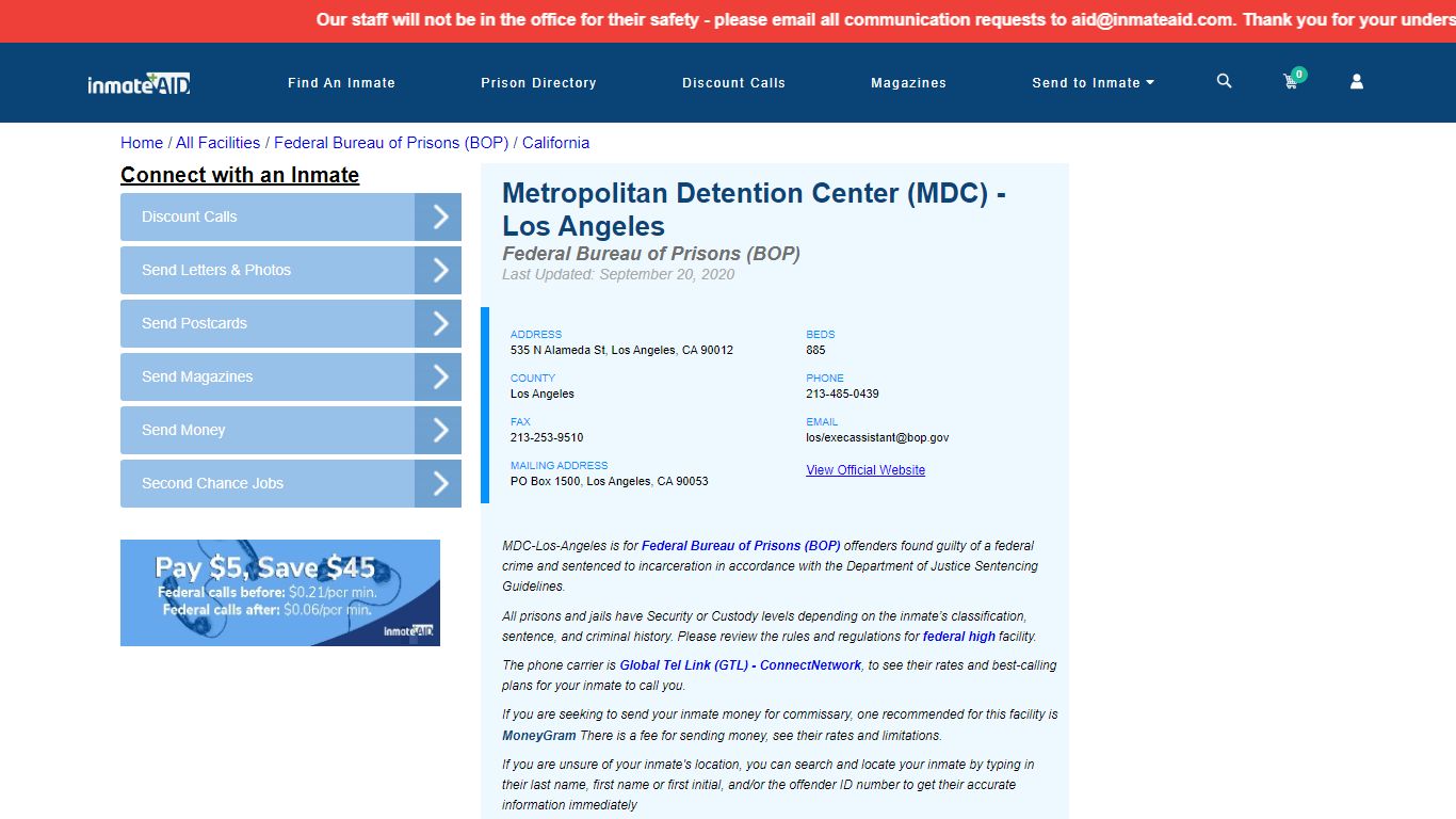 Metropolitan Detention Center (MDC) - Los Angeles - Federal Inmate ...